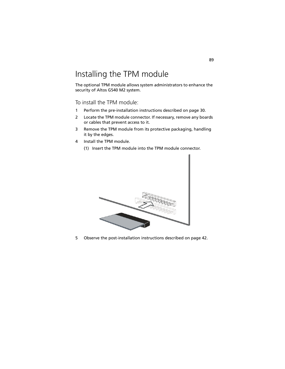Installing the tpm module | Acer Altos G540 M2 User Manual | Page 99 / 221