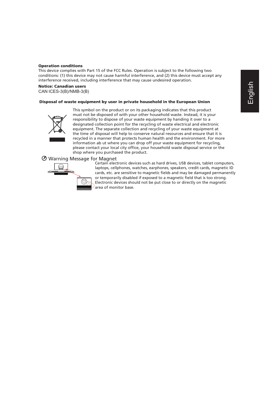 English, Warning message for magnet | Acer B286HL User Manual | Page 3 / 3