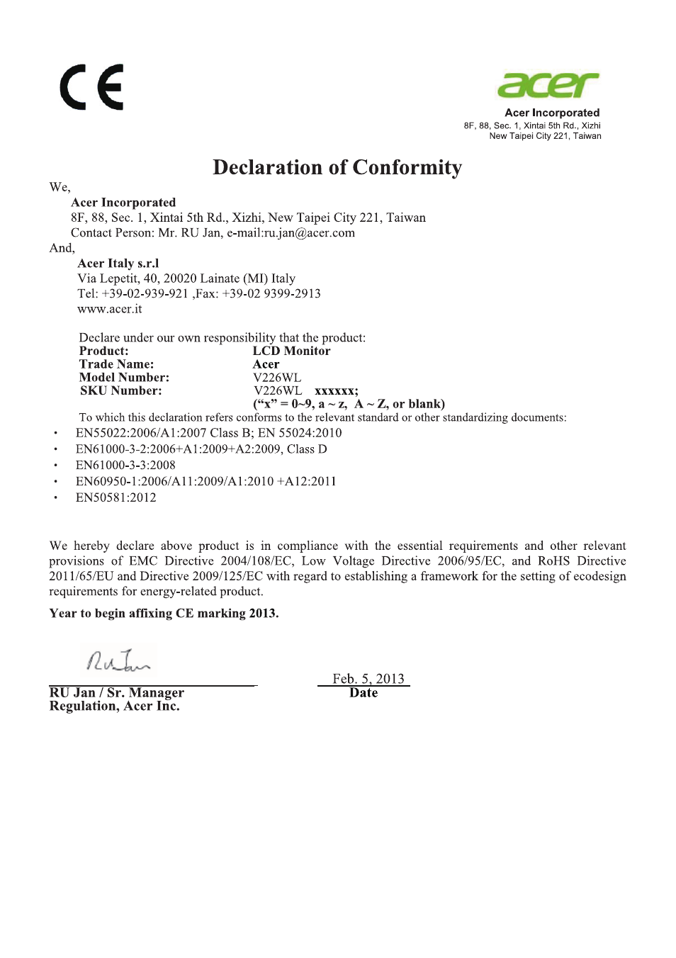 Acer V226WL User Manual | Page 10 / 27