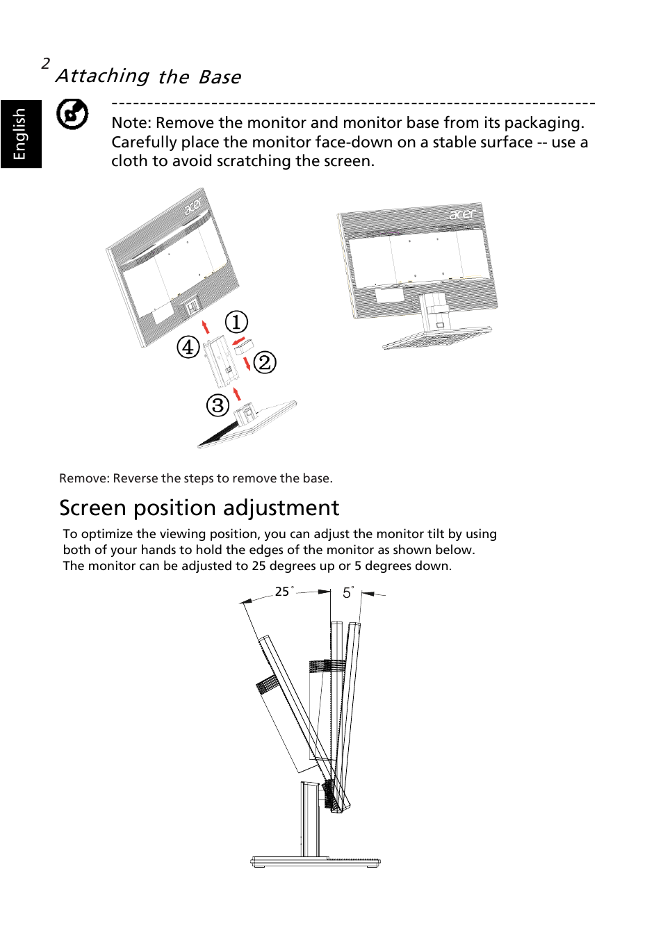 Screen position adjustment, Attaching the base | Acer V226WL User Manual | Page 14 / 27