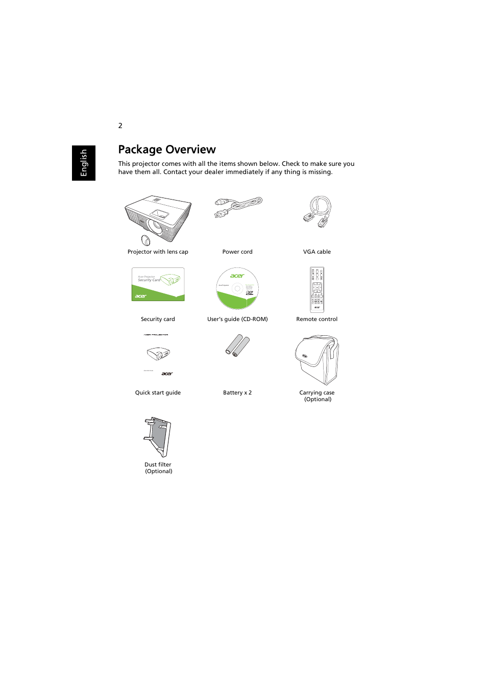 Package overview | Acer X1111 User Manual | Page 12 / 63