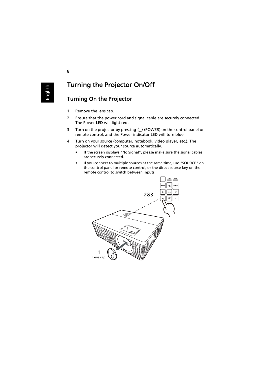 Turning the projector on/off, Turning on the projector | Acer X1111 User Manual | Page 18 / 63