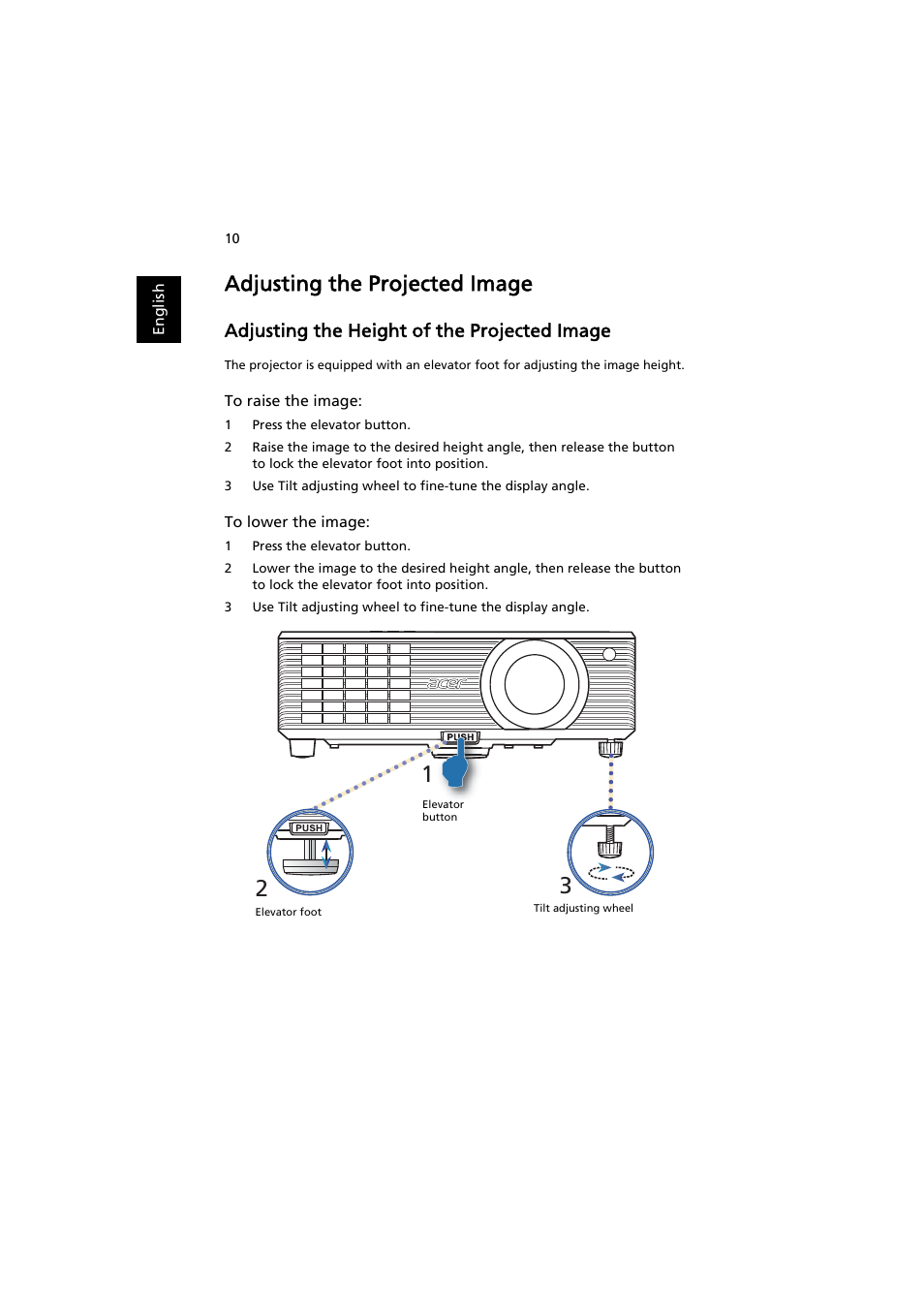 Adjusting the projected image, Adjusting the height of the projected image | Acer X1111 User Manual | Page 20 / 63