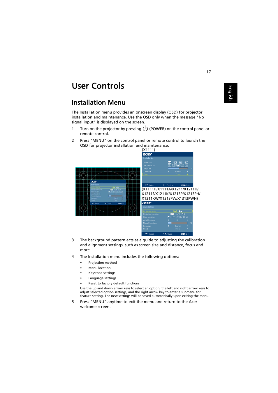 User controls, Installation menu | Acer X1111 User Manual | Page 27 / 63