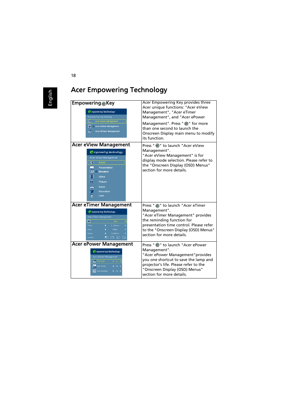 Acer empowering technology | Acer X1111 User Manual | Page 28 / 63