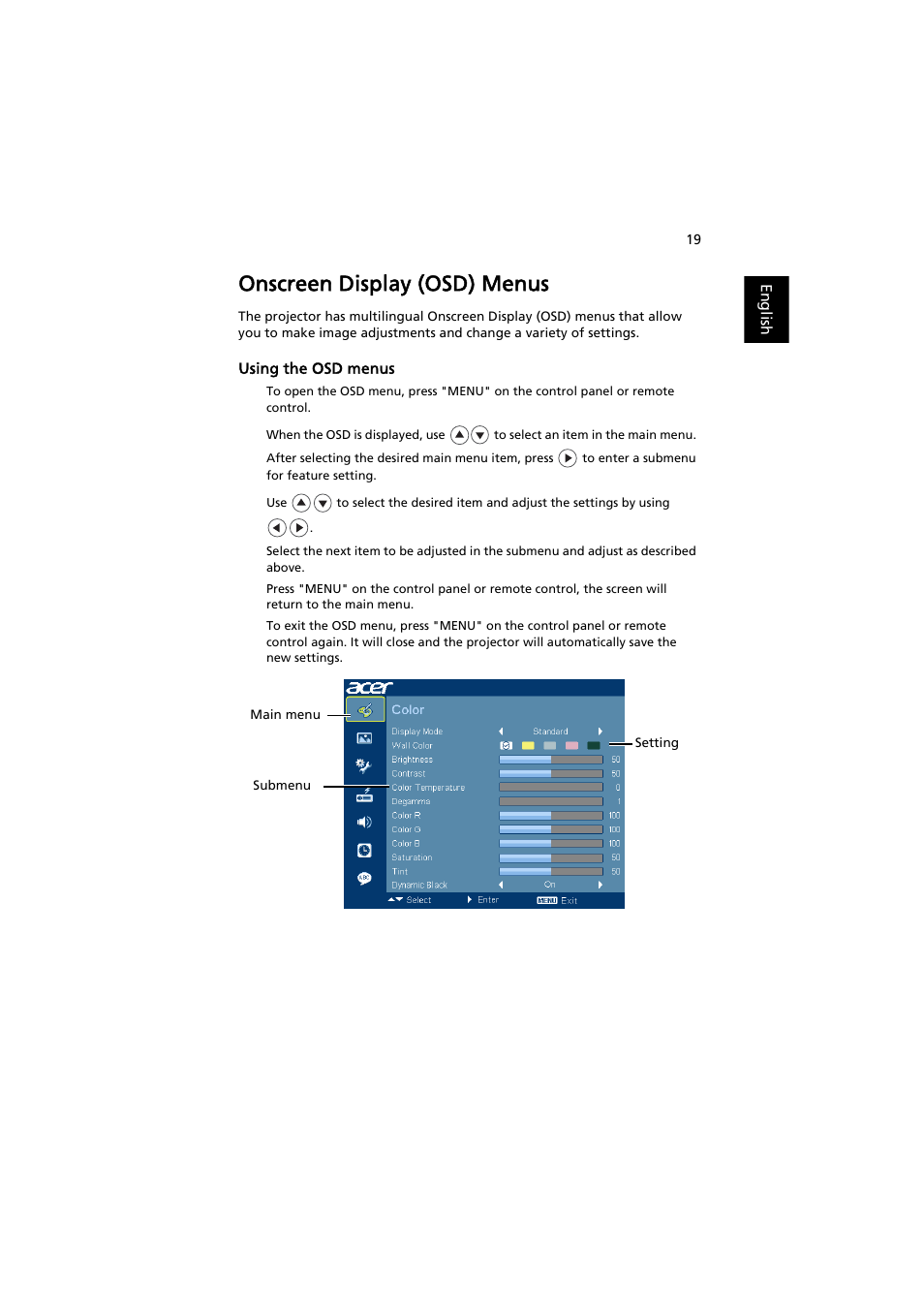 Onscreen display (osd) menus | Acer X1111 User Manual | Page 29 / 63