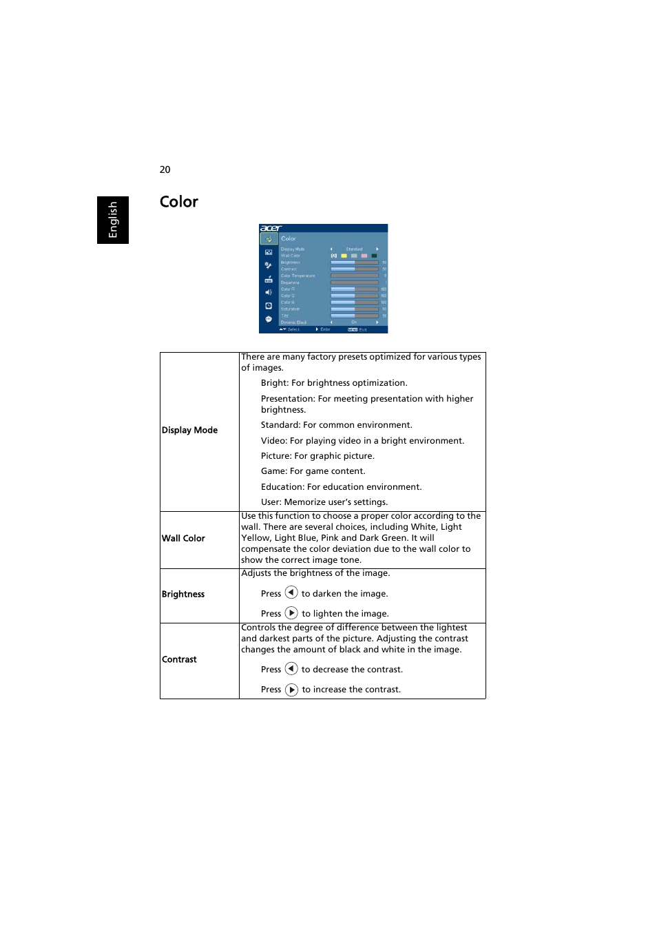 Color | Acer X1111 User Manual | Page 30 / 63