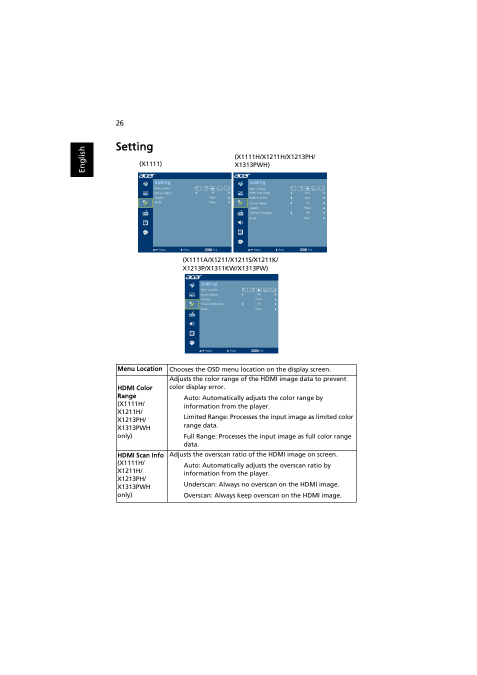 Setting | Acer X1111 User Manual | Page 36 / 63