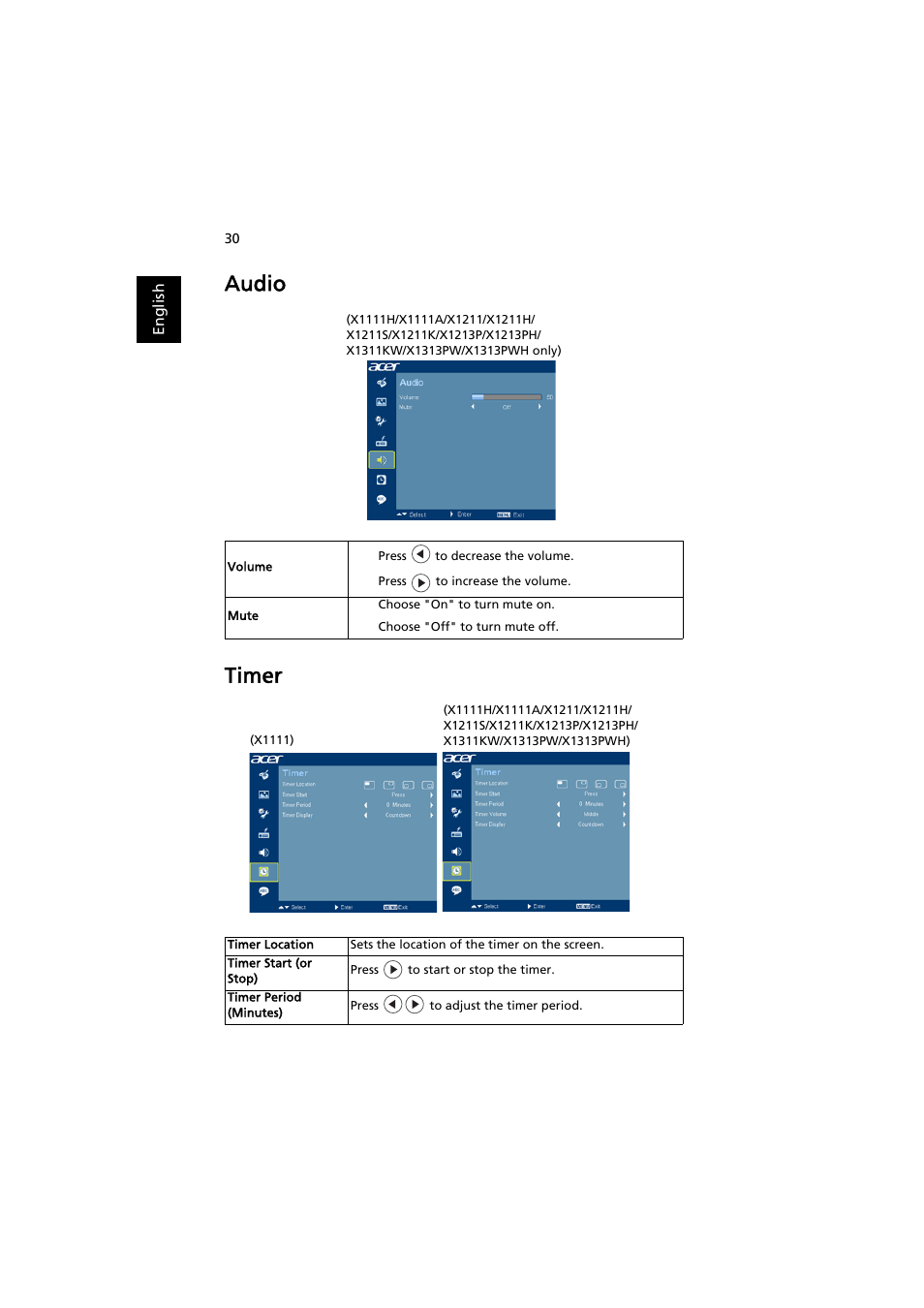 Audio, Timer, Audio timer | Acer X1111 User Manual | Page 40 / 63