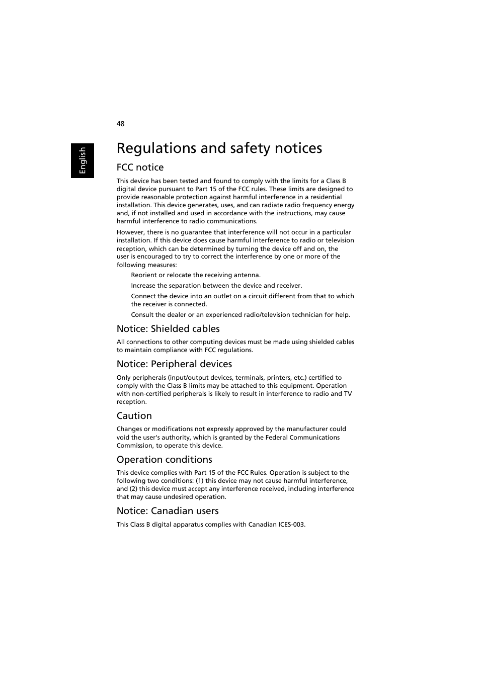 Regulations and safety notices, Fcc notice, Notice: shielded cables | Notice: peripheral devices, Caution, Operation conditions, Notice: canadian users | Acer X1111 User Manual | Page 58 / 63