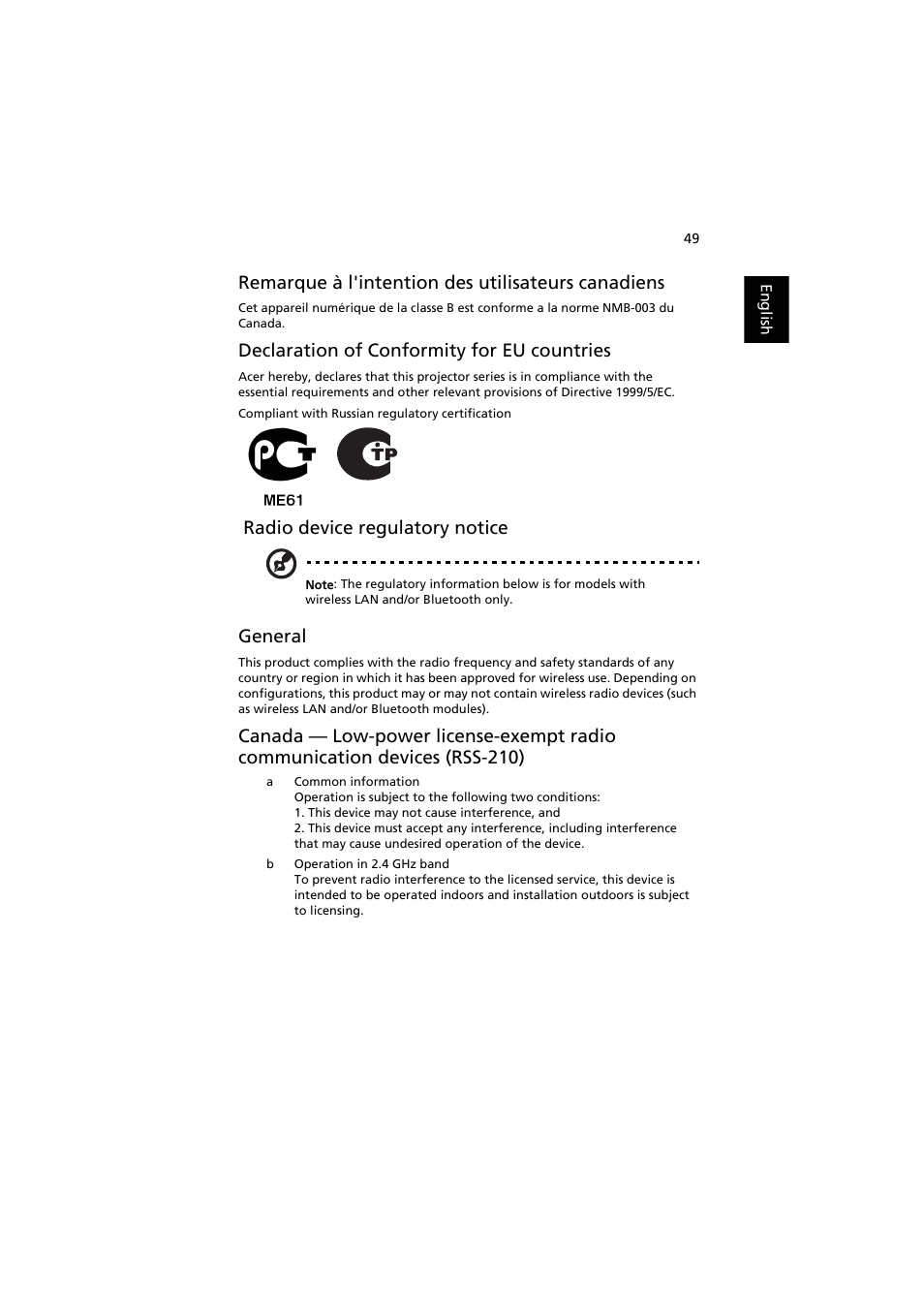 Remarque à l'intention des utilisateurs canadiens, Declaration of conformity for eu countries, Radio device regulatory notice | General | Acer X1111 User Manual | Page 59 / 63