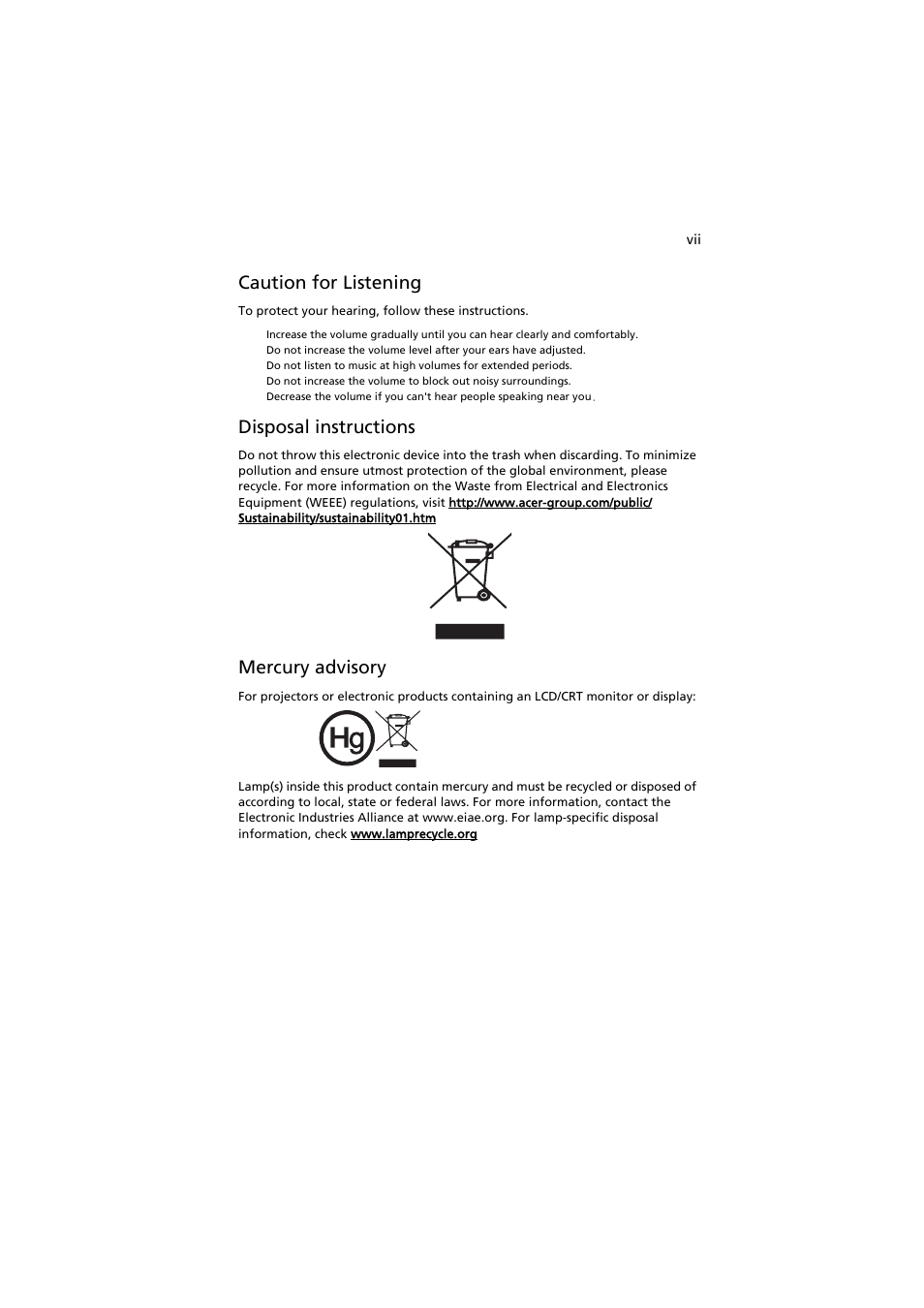 Caution for listening, Disposal instructions, Mercury advisory | Acer X1111 User Manual | Page 7 / 63