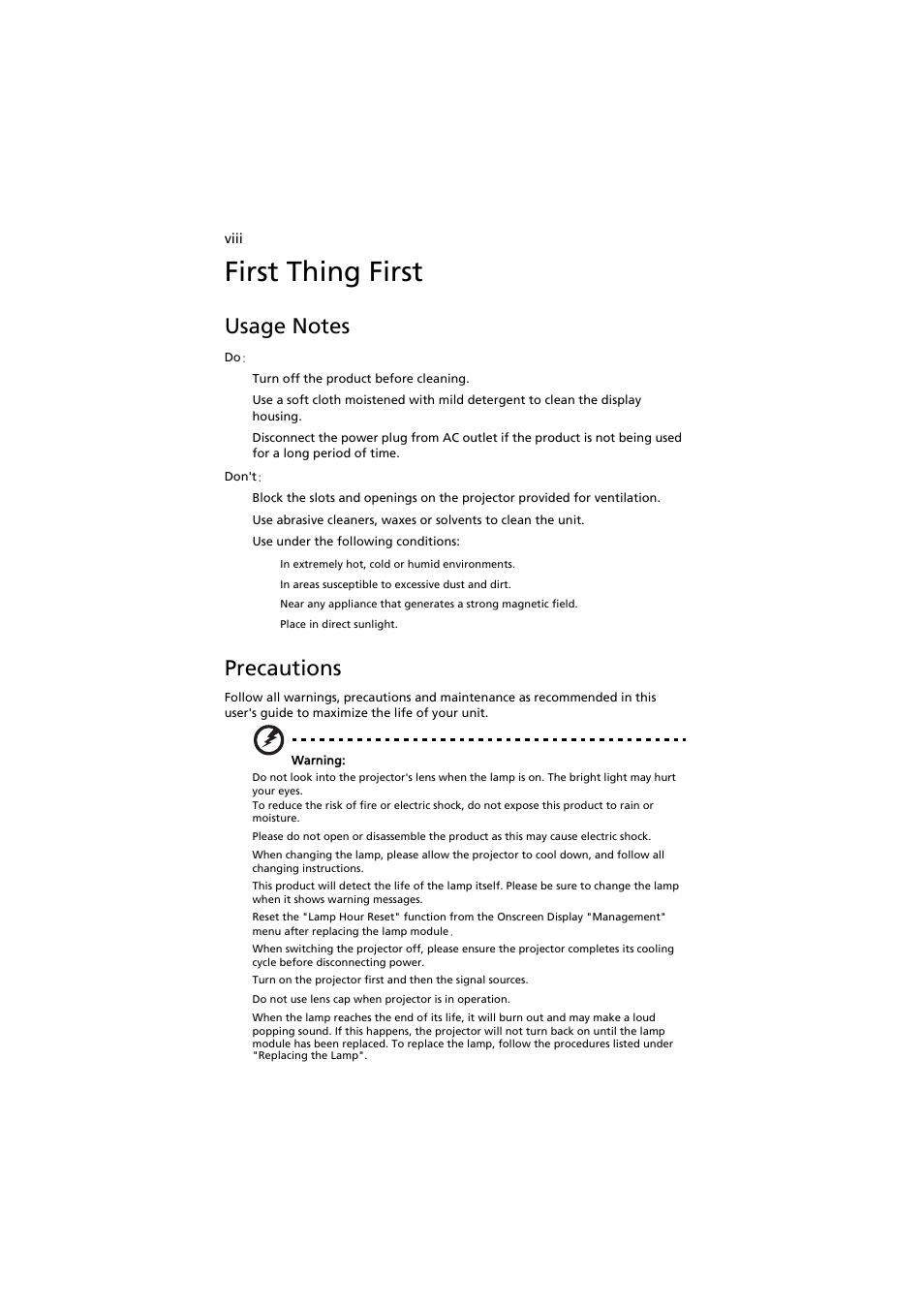 First thing first, Usage notes, Precautions | Acer X1111 User Manual | Page 8 / 63