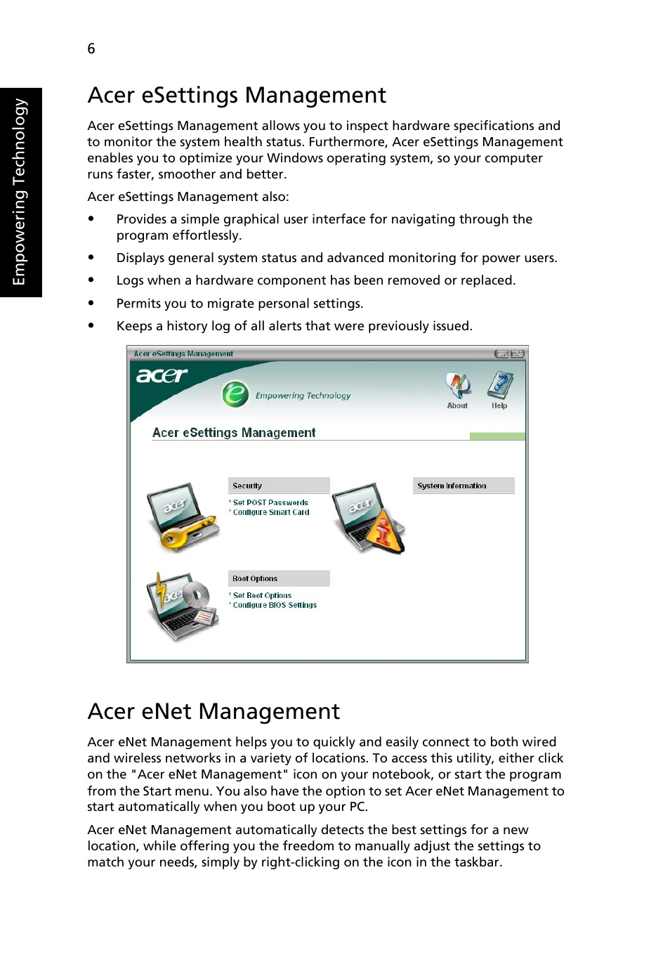 Acer esettings management, Acer enet management | Acer TravelMate 3210Z User Manual | Page 16 / 76