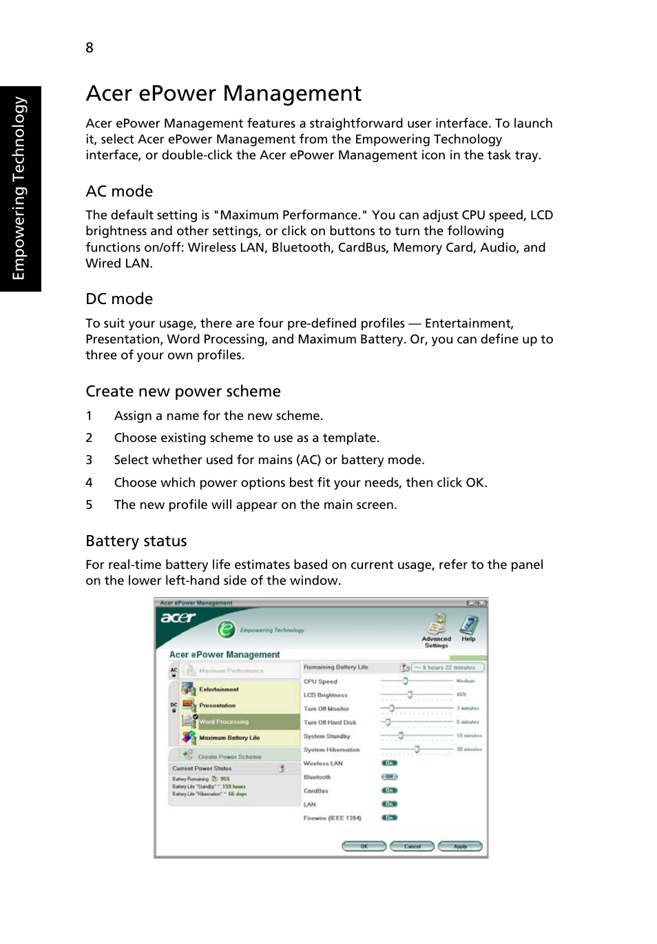 Acer epower management | Acer TravelMate 3210Z User Manual | Page 18 / 76