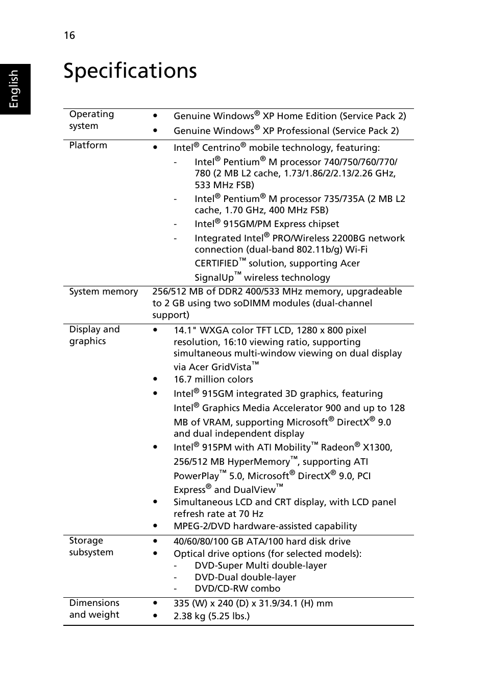 Specifications, English | Acer TravelMate 3210Z User Manual | Page 26 / 76