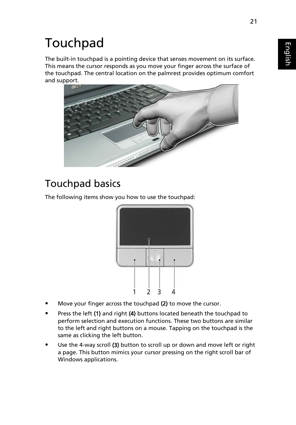 Touchpad, Touchpad basics | Acer TravelMate 3210Z User Manual | Page 31 / 76