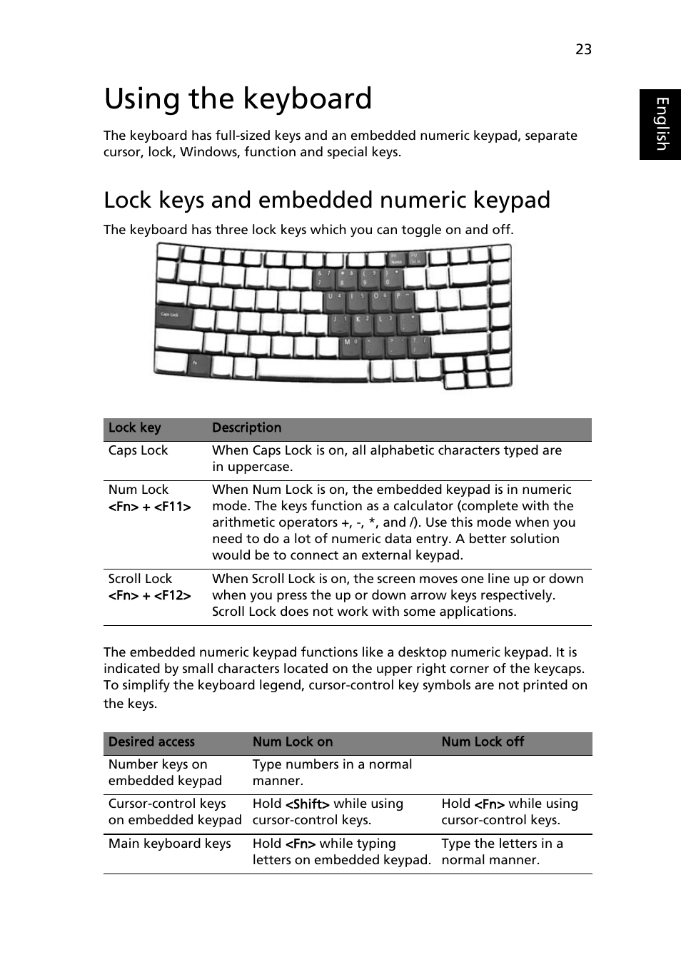 Using the keyboard, Lock keys and embedded numeric keypad | Acer TravelMate 3210Z User Manual | Page 33 / 76