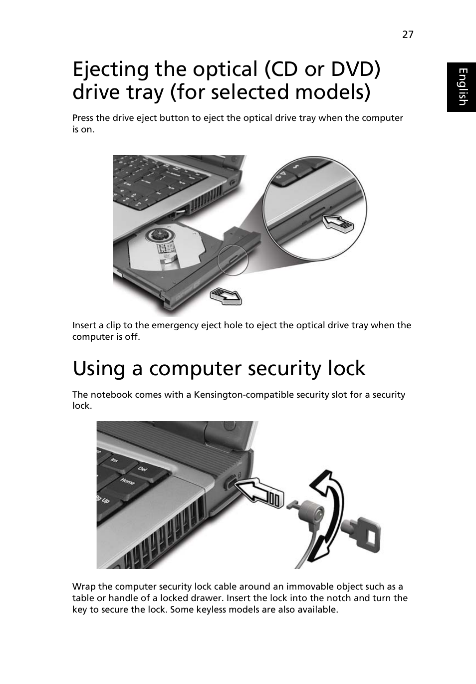 Using a computer security lock | Acer TravelMate 3210Z User Manual | Page 37 / 76