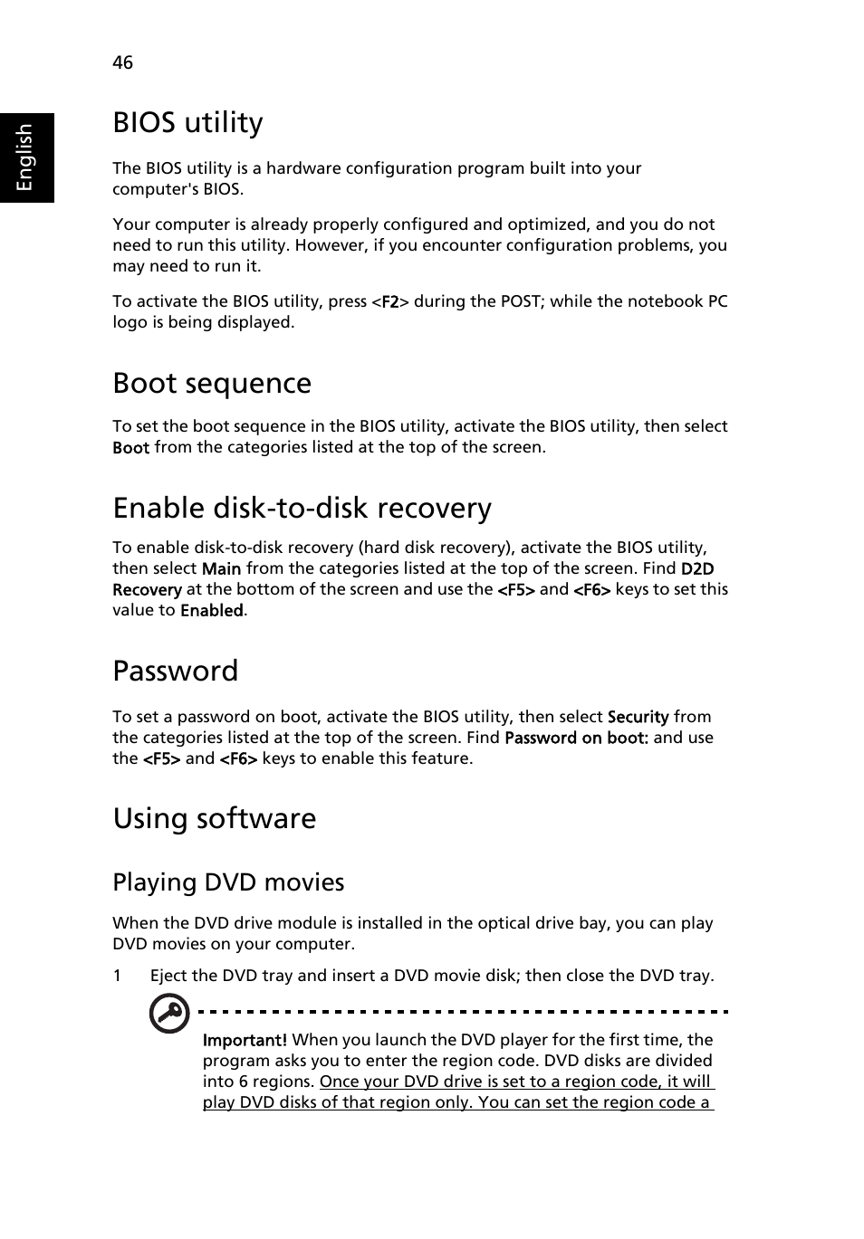 Bios utility, Using software, Boot sequence | Enable disk-to-disk recovery, Password, Playing dvd movies | Acer TravelMate 3210Z User Manual | Page 56 / 76