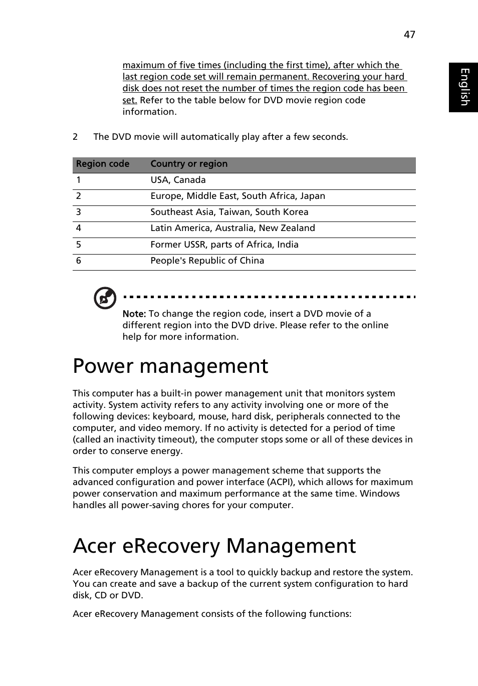 Power management, Acer erecovery management | Acer TravelMate 3210Z User Manual | Page 57 / 76