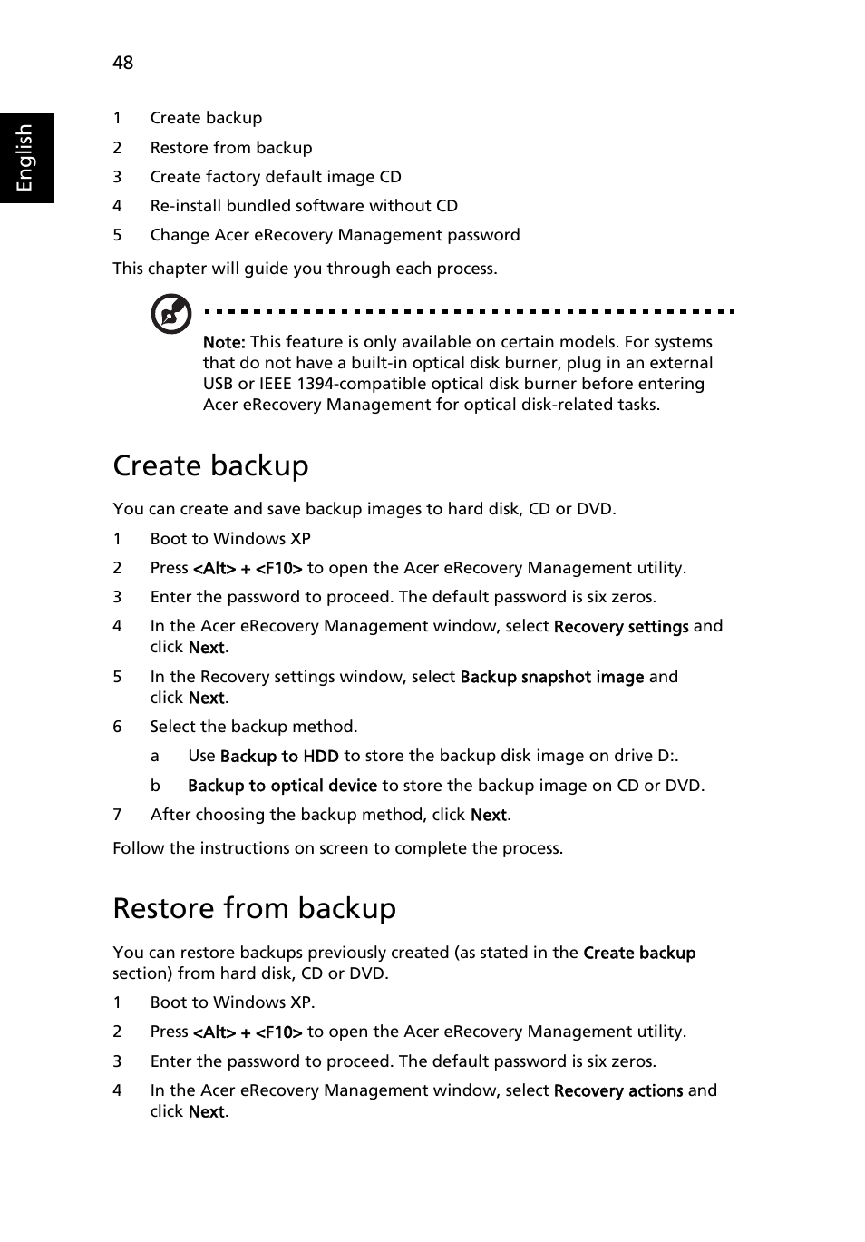 Create backup, Restore from backup | Acer TravelMate 3210Z User Manual | Page 58 / 76