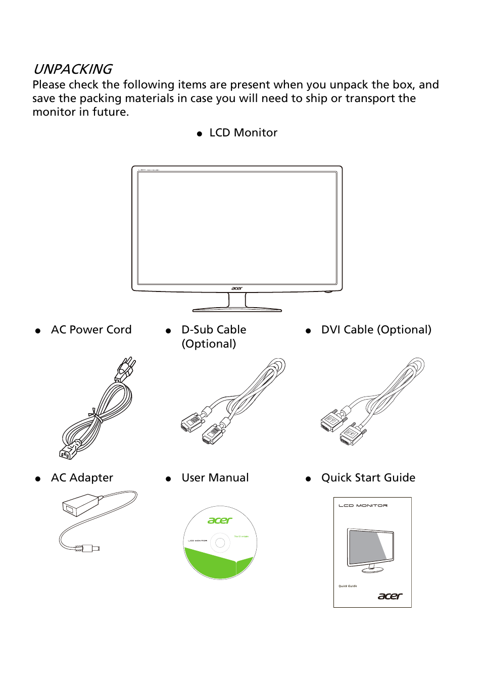 Unpacking, En-1, Lcd monitor | Ac power cord, D-sub cable (optional), Dvi cable (optional), Ac adapter, User manual, Quick start guide | Acer S241HQL User Manual | Page 10 / 28