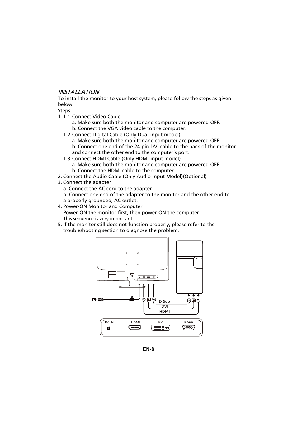 Installation, En-8, This sequence is very important | Acer S241HQL User Manual | Page 17 / 28