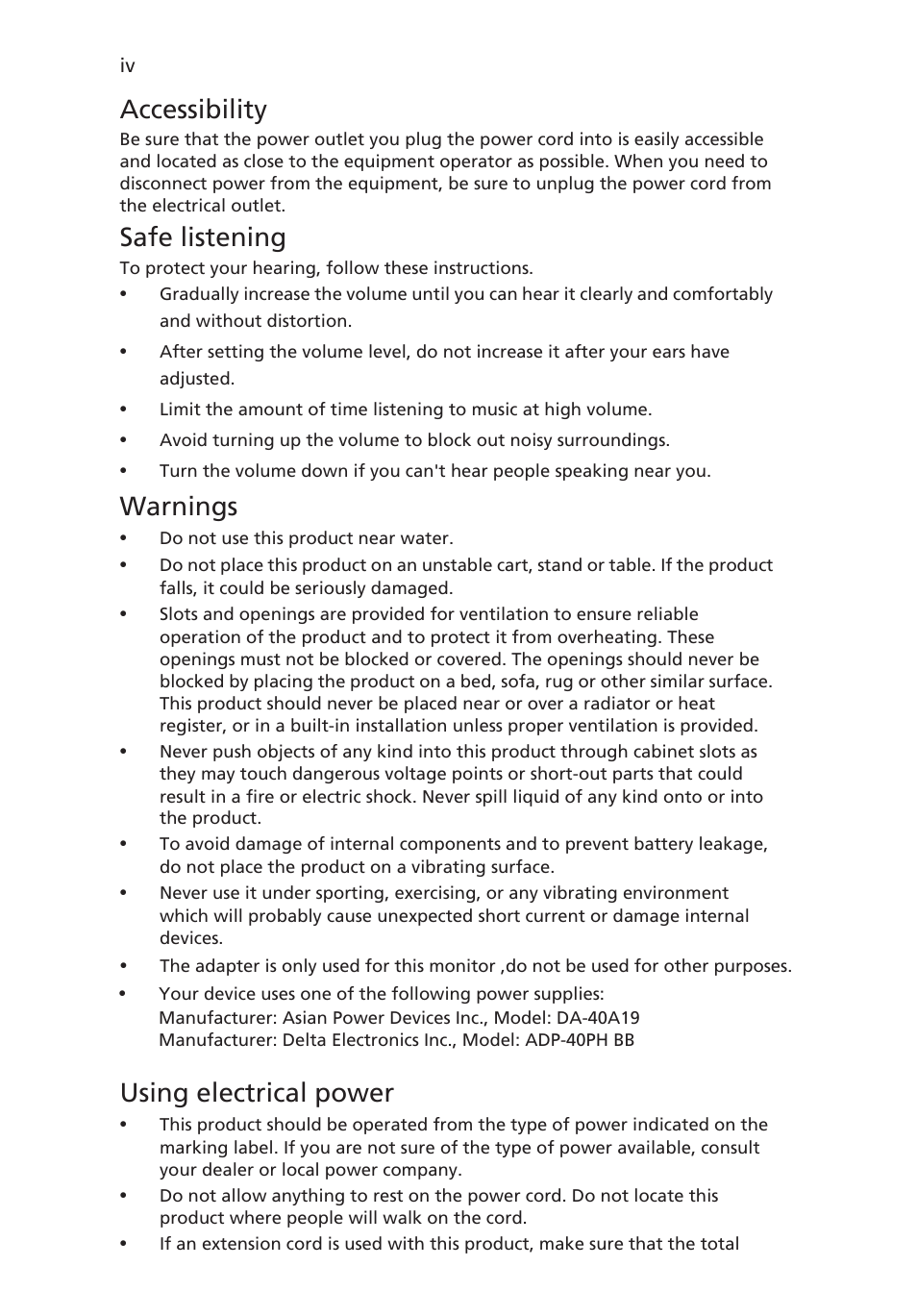 Accessibility, Safe listening, Warnings | Using electrical power | Acer S241HQL User Manual | Page 4 / 28