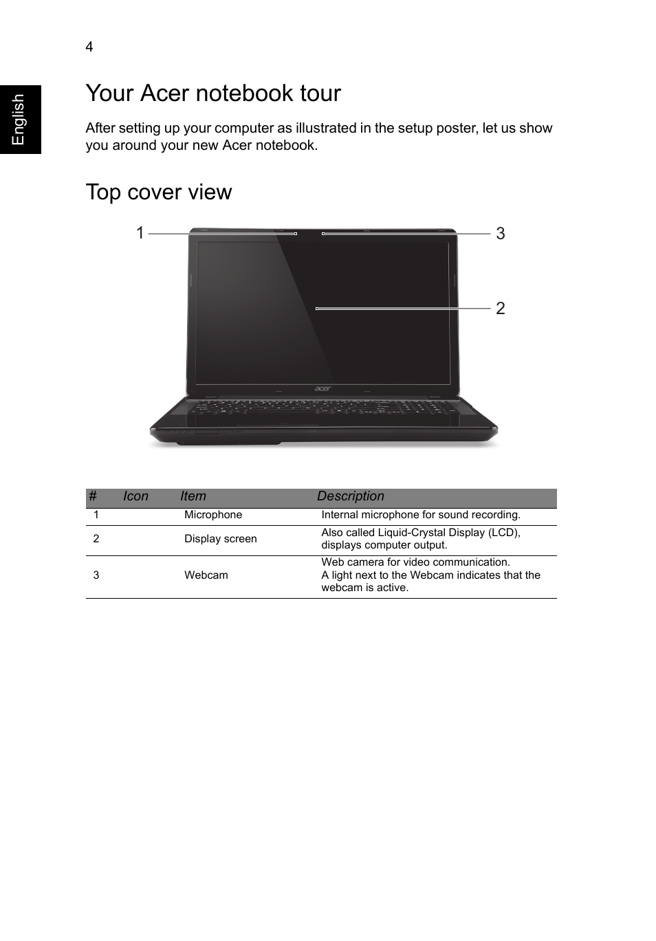 Your acer notebook tour, Top cover view | Acer TravelMate P273-MG User Manual | Page 4 / 10