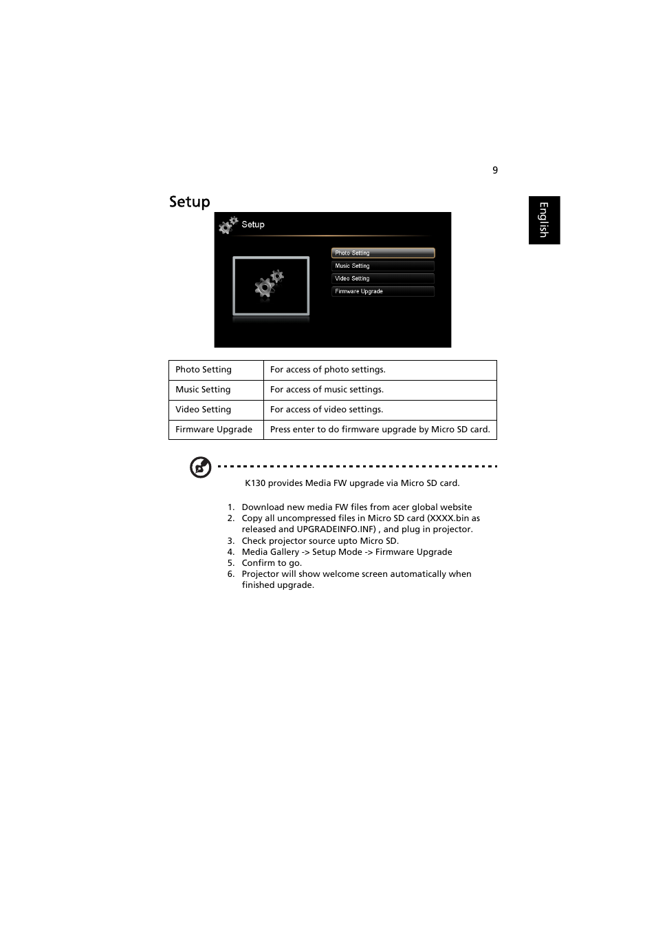 Setup | Acer K130 User Manual | Page 11 / 28