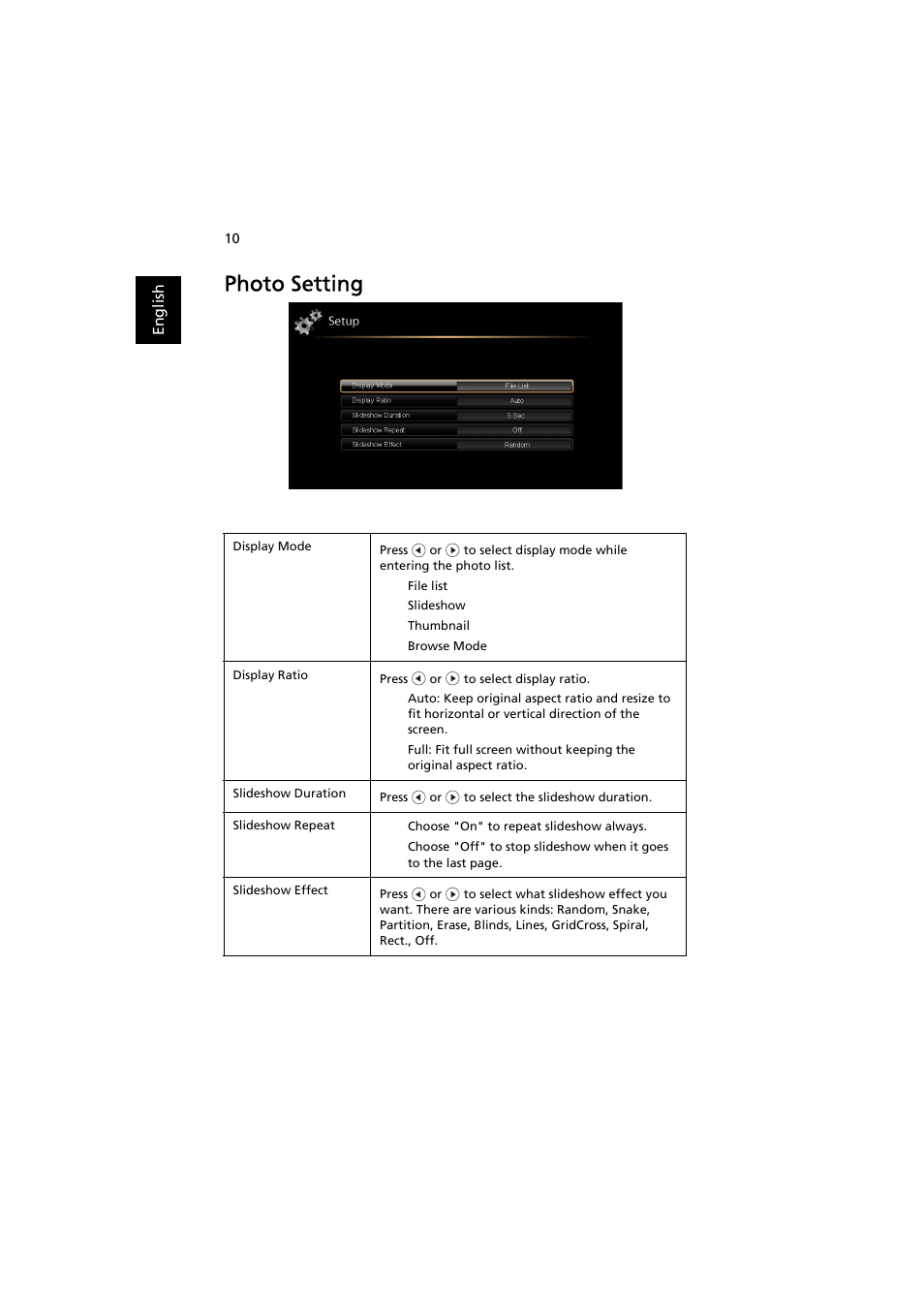 Photo setting | Acer K130 User Manual | Page 12 / 28