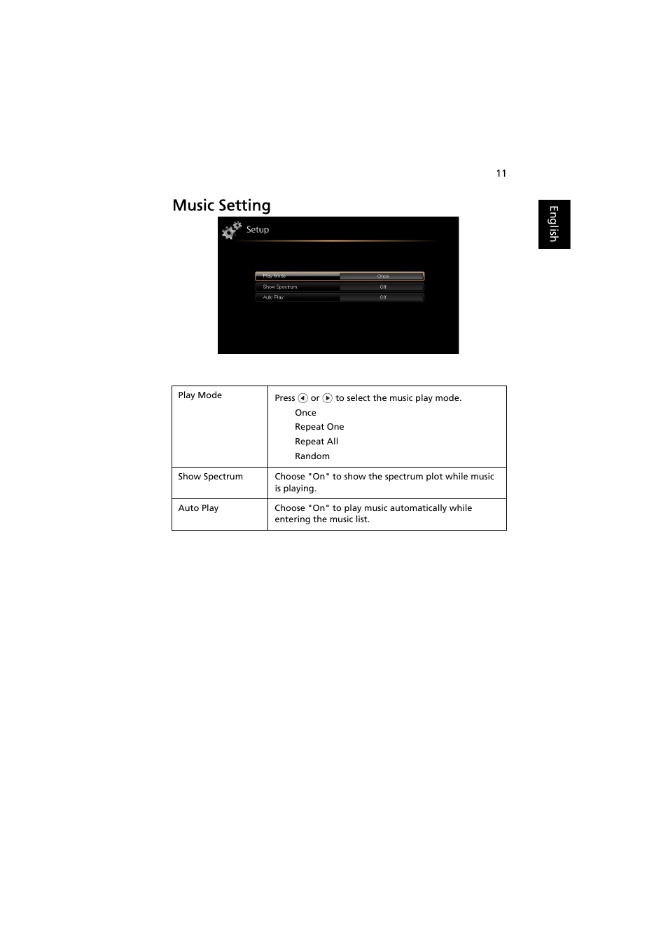 Music setting | Acer K130 User Manual | Page 13 / 28