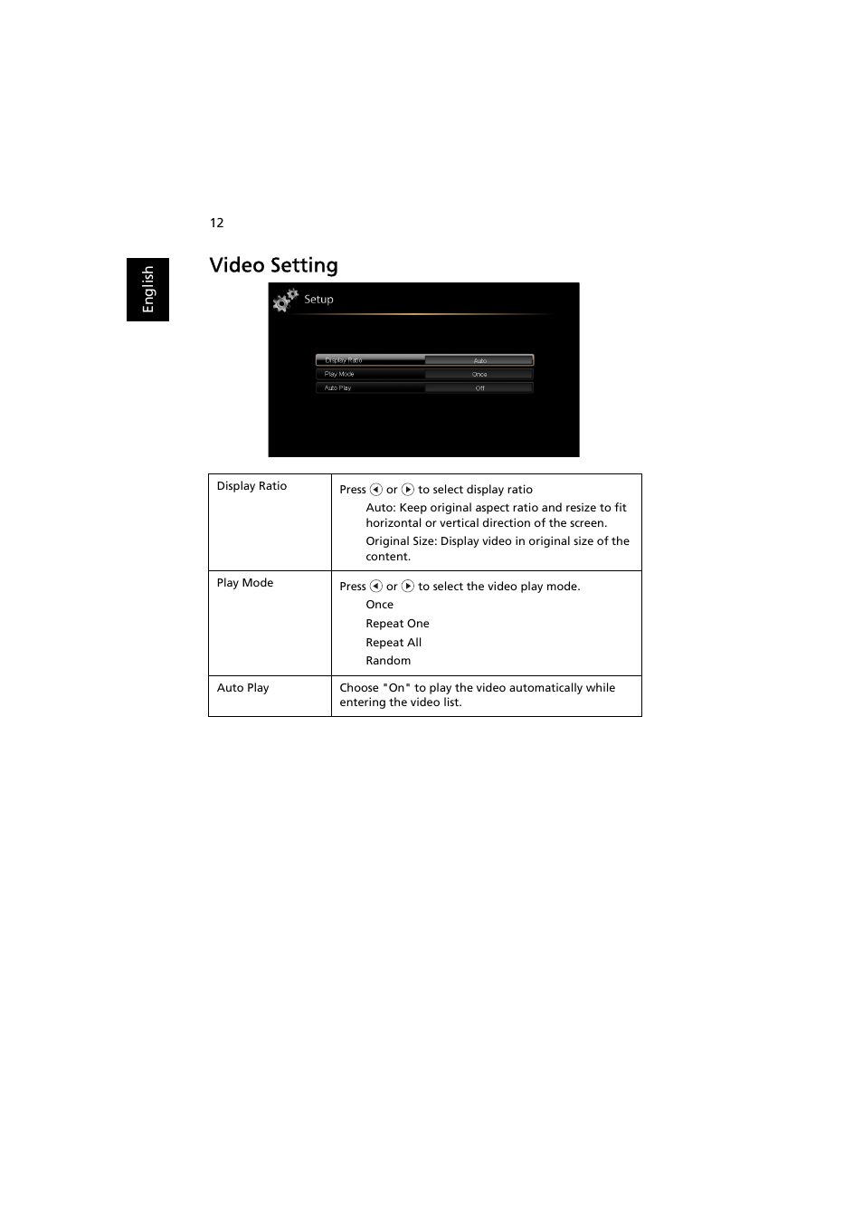 Video setting | Acer K130 User Manual | Page 14 / 28