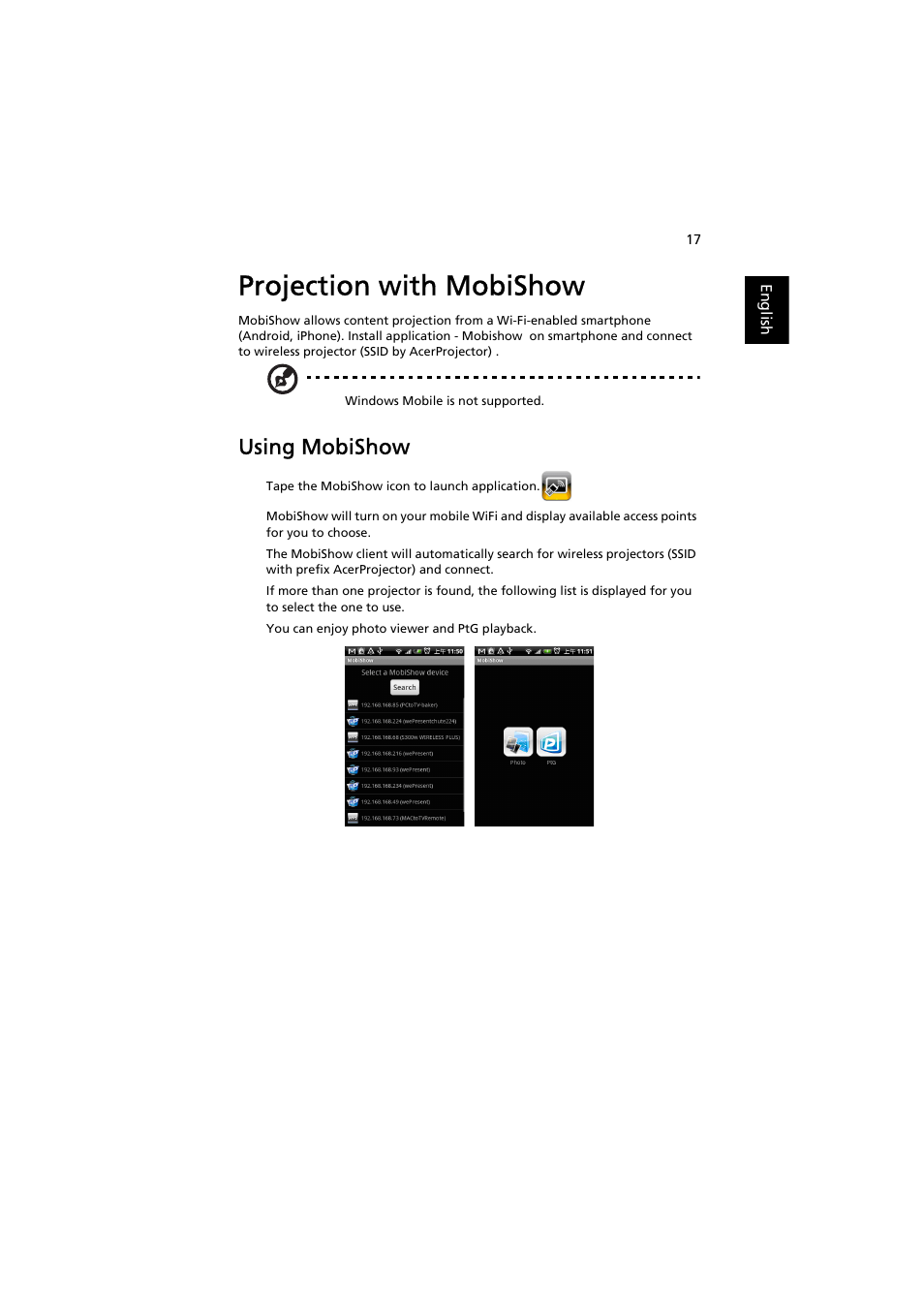 Projection with mobishow, Using mobishow | Acer K130 User Manual | Page 19 / 28