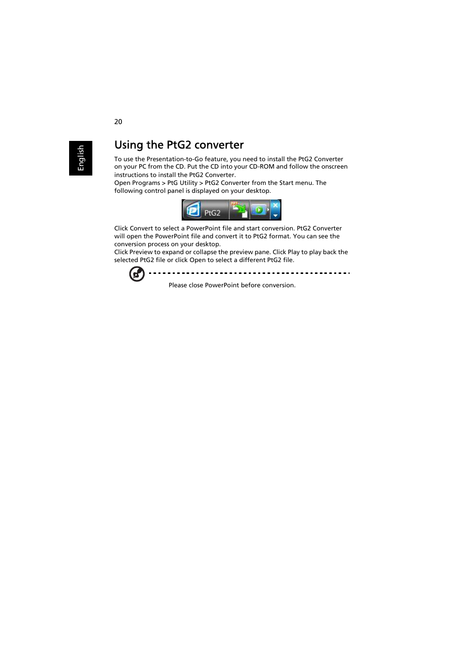 Using the ptg2 converter | Acer K130 User Manual | Page 22 / 28