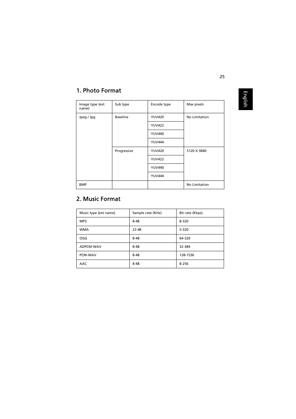 Photo format, Music format, Photo format 2. music format | English | Acer K130 User Manual | Page 27 / 28