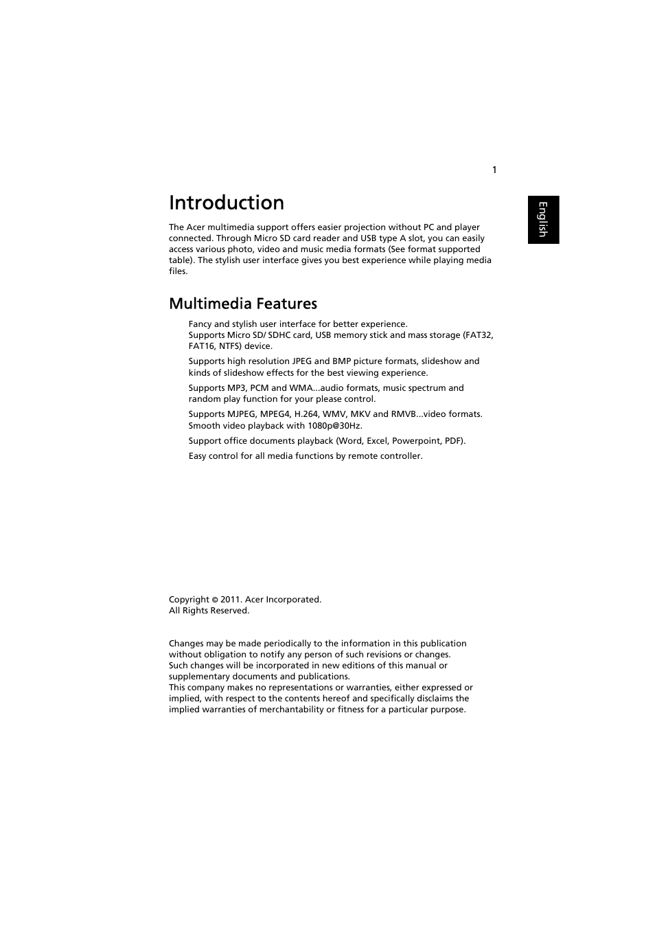 Introduction, Multimedia features | Acer K130 User Manual | Page 3 / 28