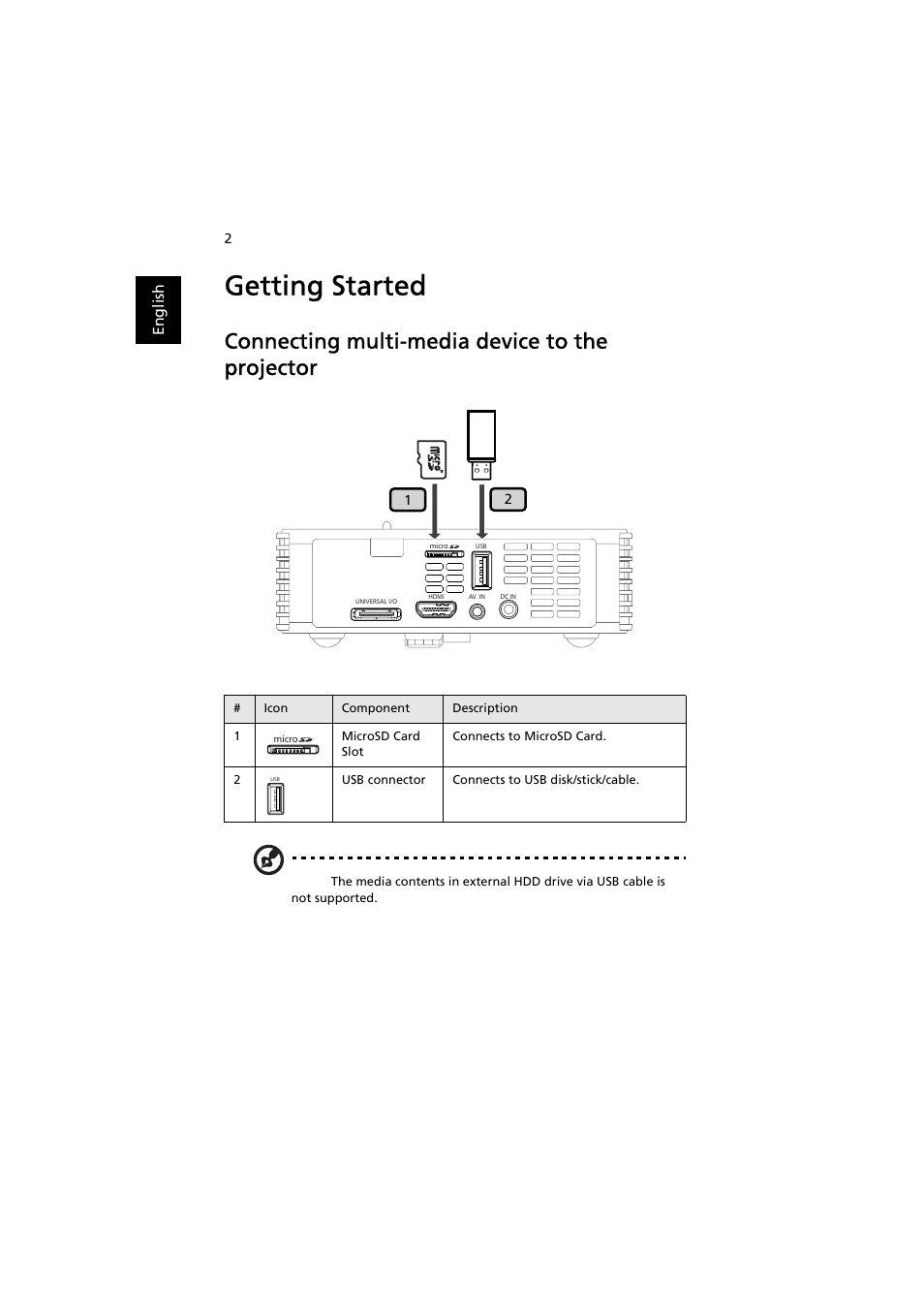 Getting started, Connecting multi-media device to the projector | Acer K130 User Manual | Page 4 / 28