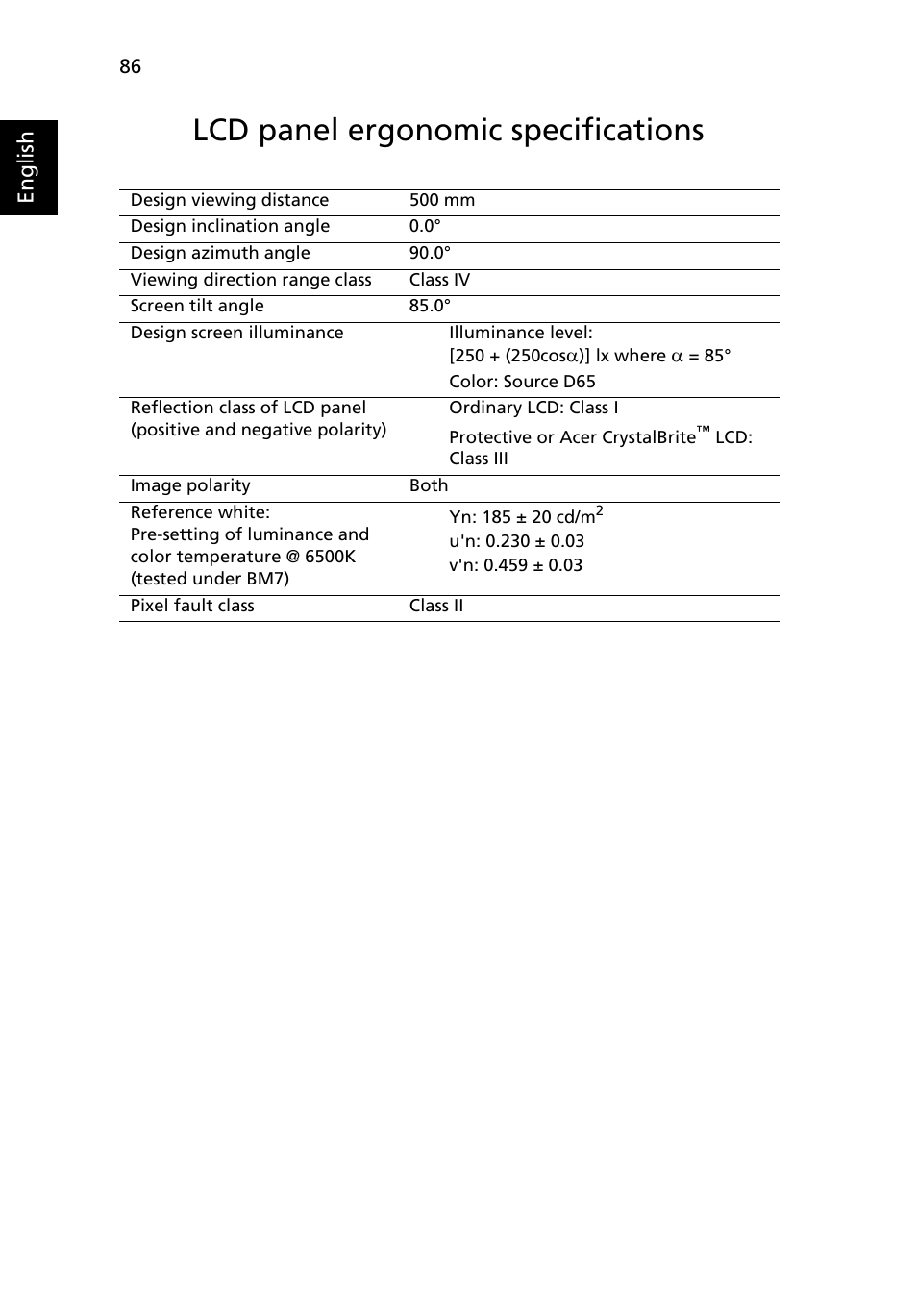 Lcd panel ergonomic specifications, English | Acer Extensa 4210 User Manual | Page 102 / 107