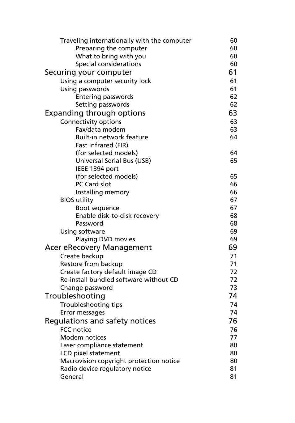 Securing your computer 61, Expanding through options 63, Acer erecovery management 69 | Troubleshooting 74, Regulations and safety notices 76 | Acer Extensa 4210 User Manual | Page 15 / 107