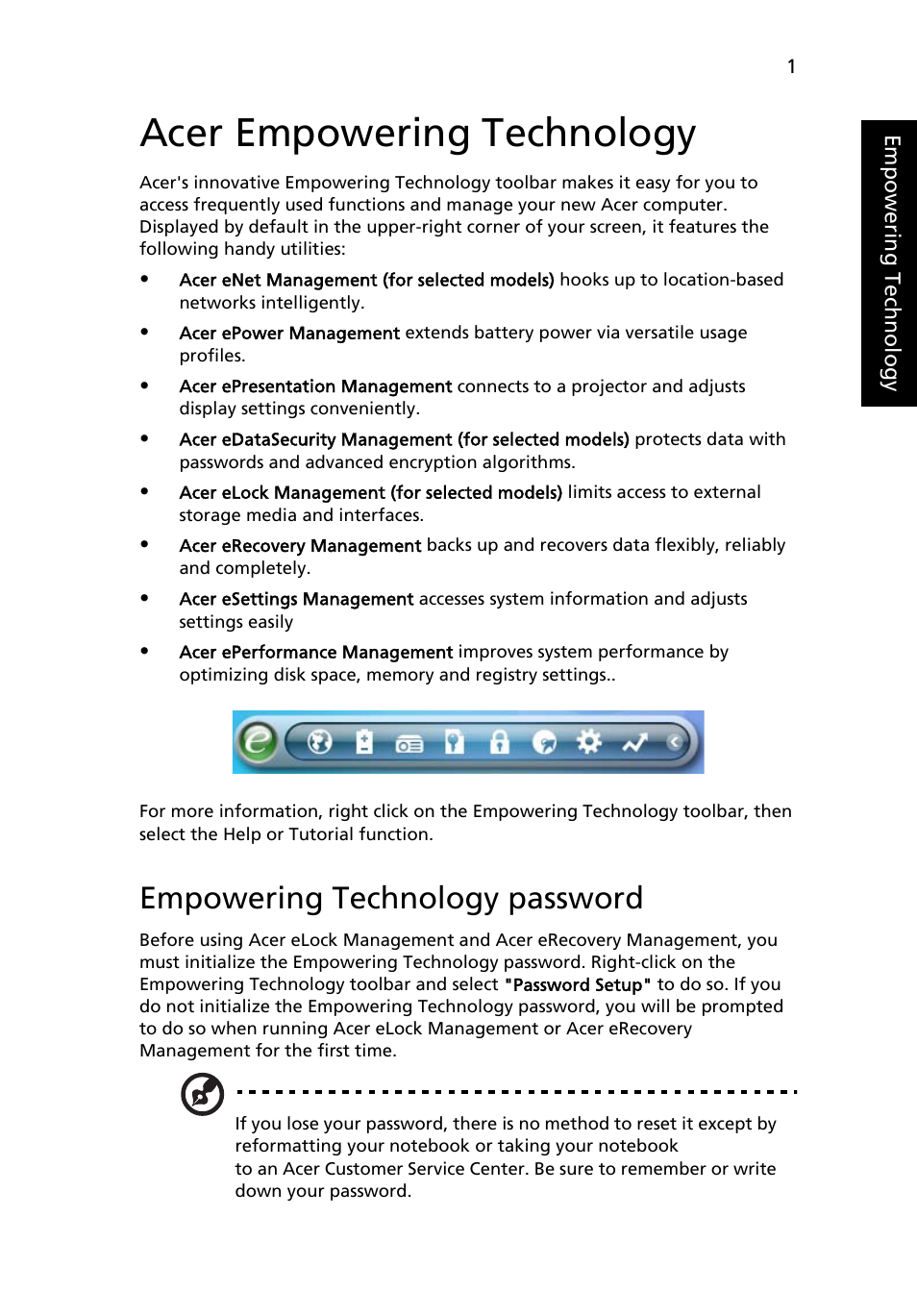 Acer empowering technology, Empowering technology password | Acer Extensa 4210 User Manual | Page 17 / 107