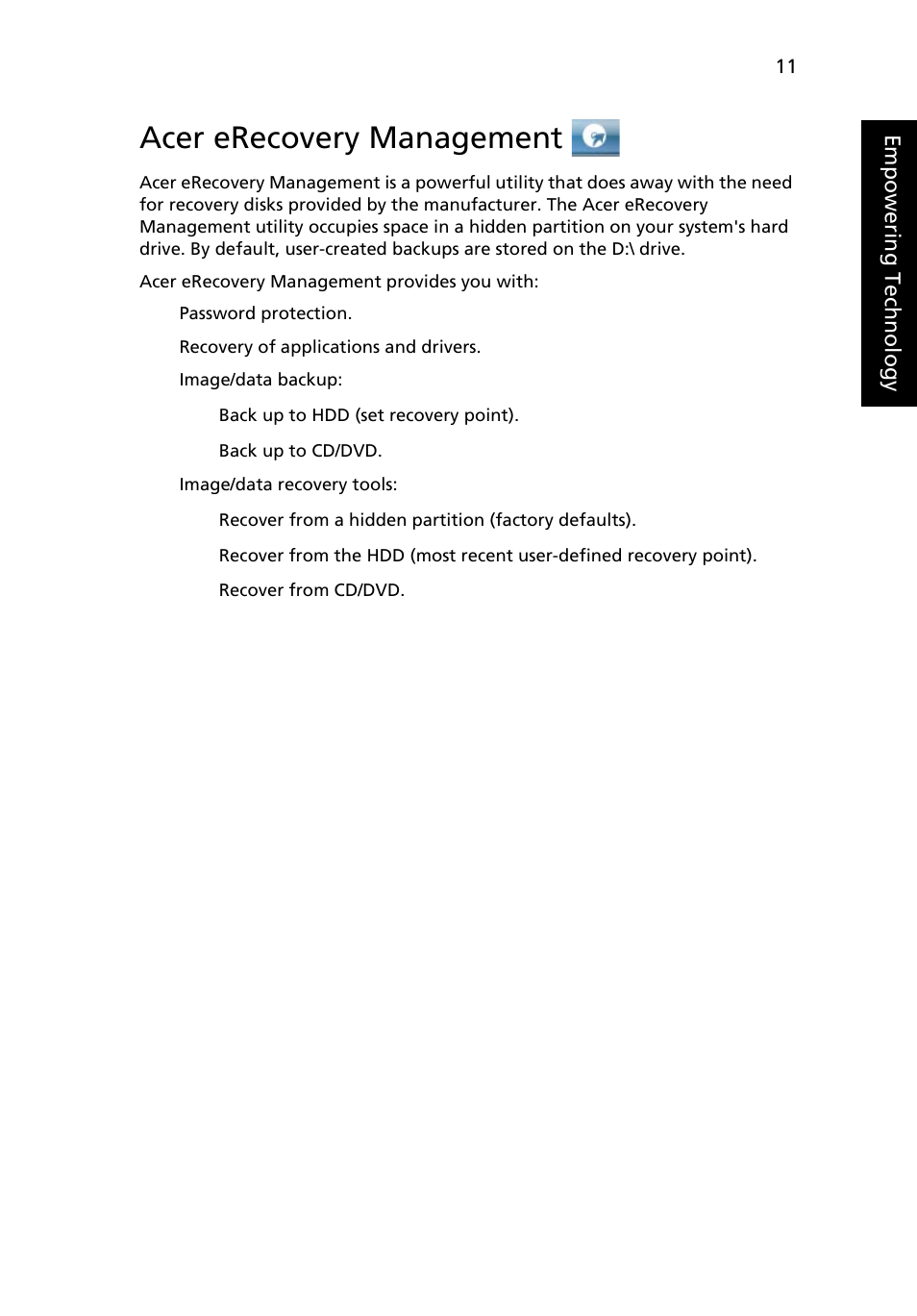 Acer erecovery management | Acer Extensa 4210 User Manual | Page 27 / 107