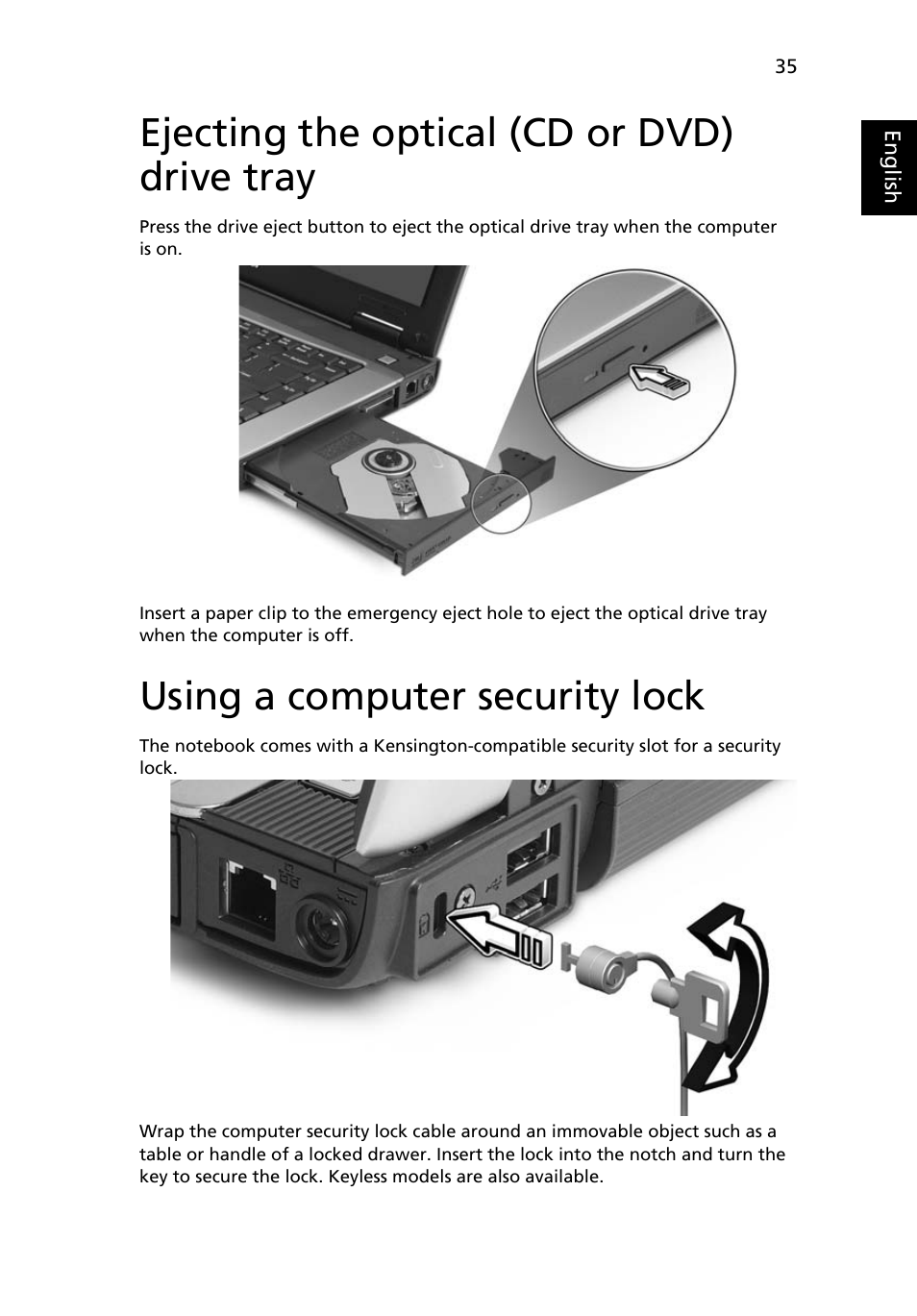 Ejecting the optical (cd or dvd) drive tray, Using a computer security lock | Acer Extensa 4210 User Manual | Page 51 / 107