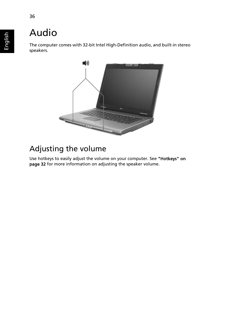 Audio, Adjusting the volume | Acer Extensa 4210 User Manual | Page 52 / 107