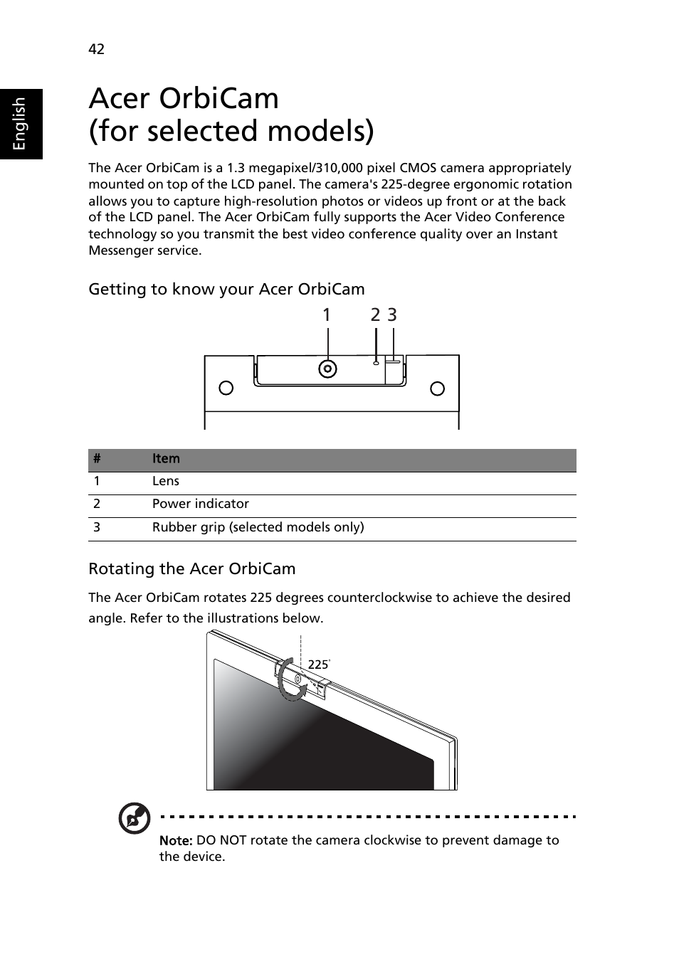 Acer orbicam (for selected models) | Acer Extensa 4210 User Manual | Page 58 / 107