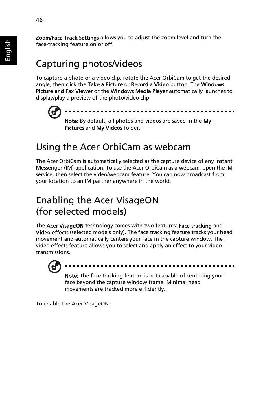 Capturing photos/videos, Using the acer orbicam as webcam, Enabling the acer visageon (for selected models) | Enabling the acer visageon, For selected models) | Acer Extensa 4210 User Manual | Page 62 / 107