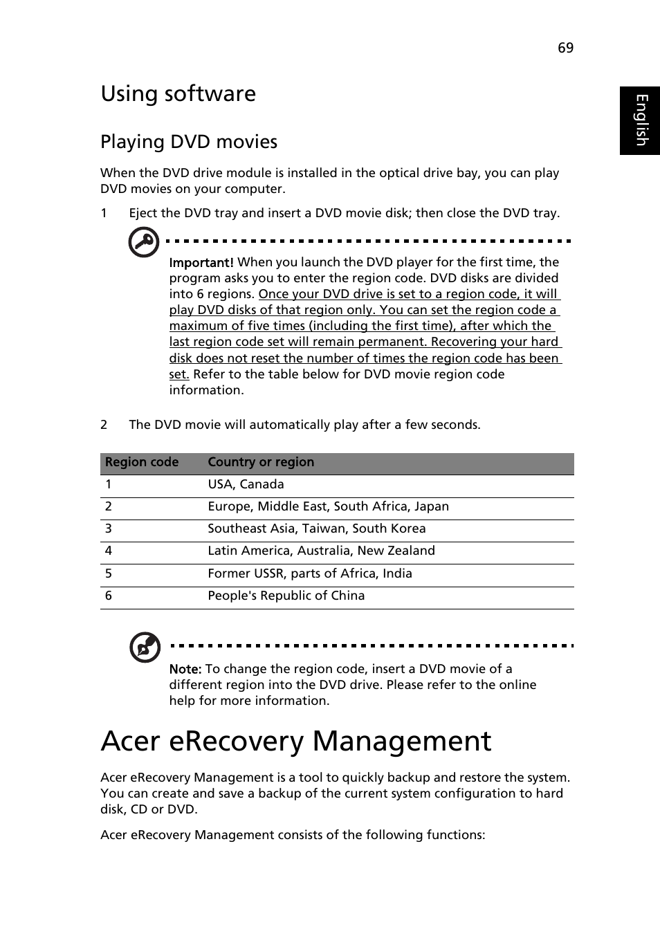 Using software, Acer erecovery management, Playing dvd movies | Acer Extensa 4210 User Manual | Page 85 / 107