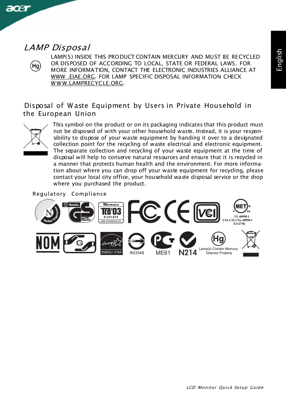 Lamp disposal, En g lis h | Acer X243H User Manual | Page 3 / 3