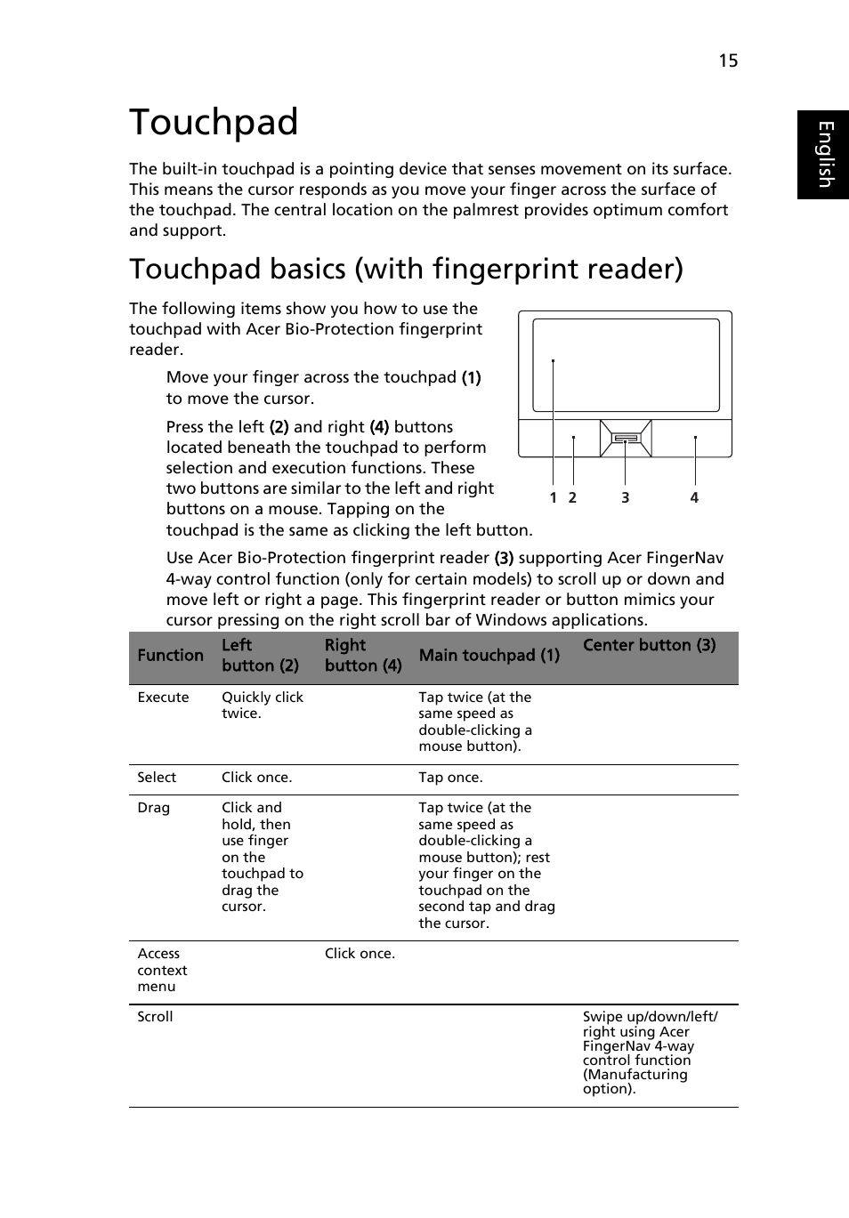 Touchpad, Touchpad basics (with fingerprint reader), Eng lis h | Acer TravelMate 4730G User Manual | Page 35 / 90